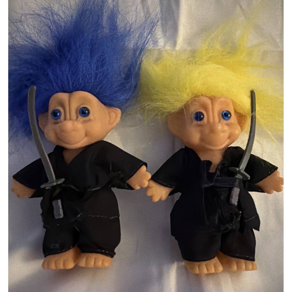 Vintage Ninja Troll Dolls Set of 2 Blue and Yellow Hair with Swords 90s Toys